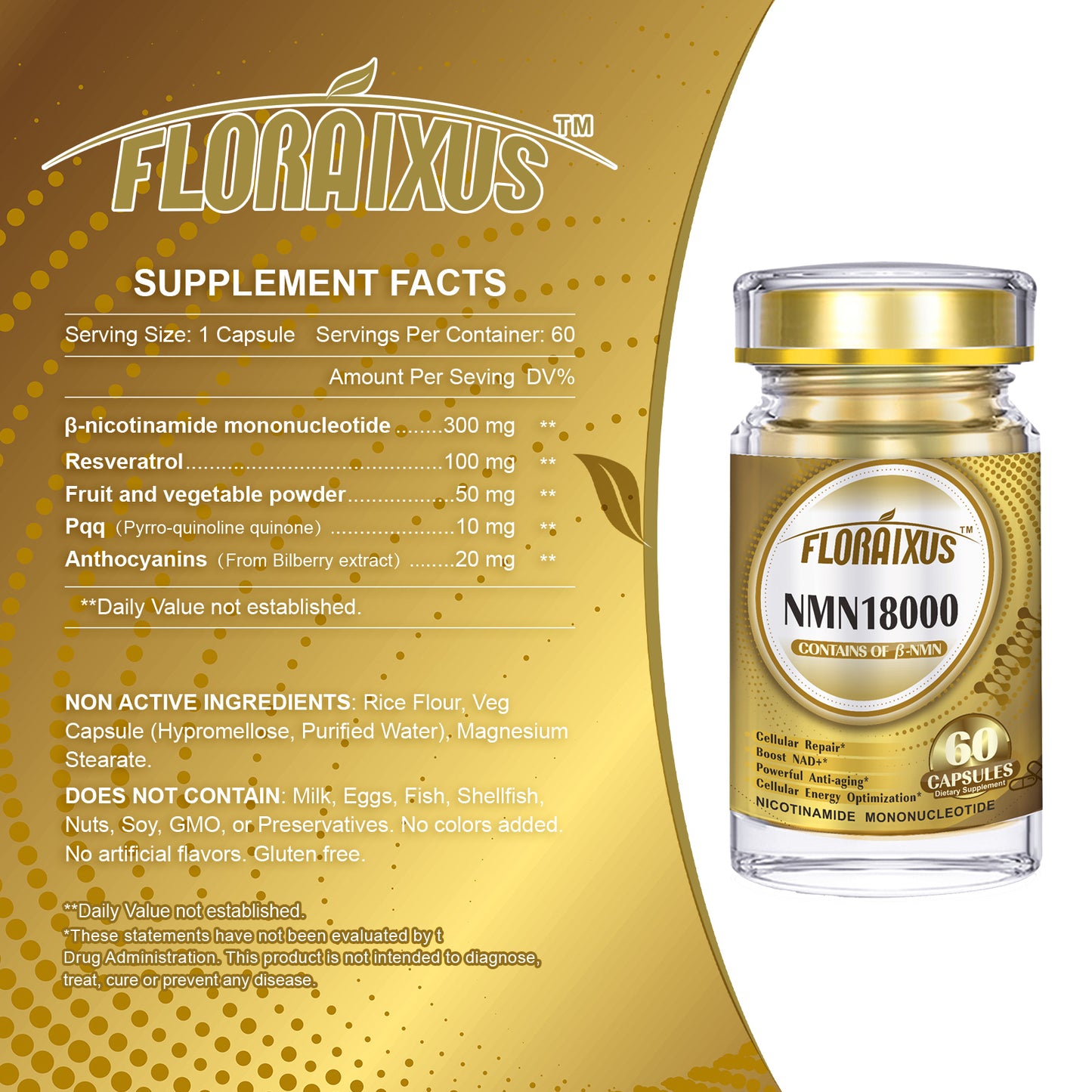 Floraixus NMN 18000 – Premium Nicotinamide Mononucleotide Supplement with Resveratrol | 99% High Purity | Stabilized Formula to Enhance NAD+ Levels | Supports DNA Repair & Healthy Aging | 60 Capsules