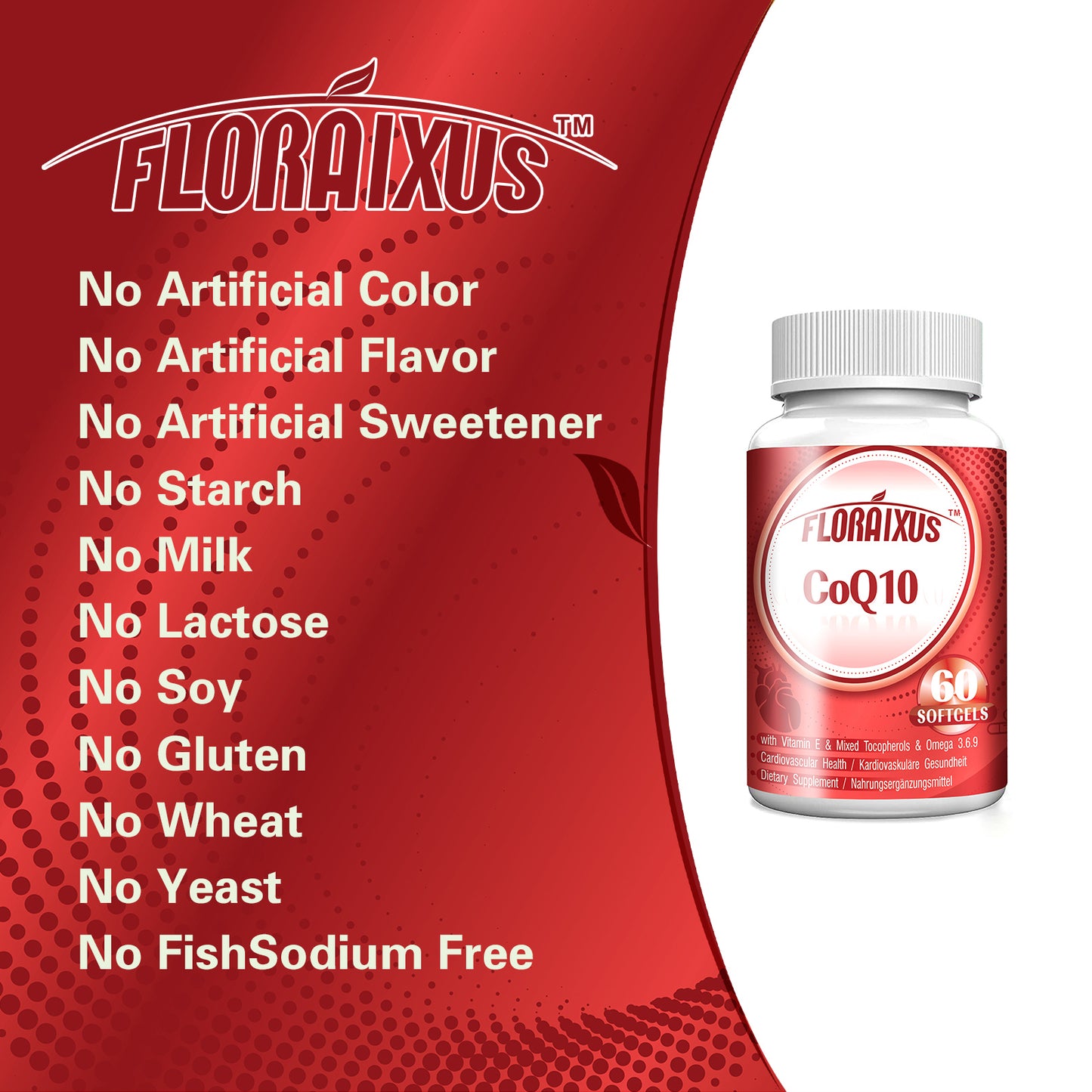 Floraixus CoQ10 600mg Softgels Reduced Form Enhanced with Vitamin E & Omega 3 6 9
