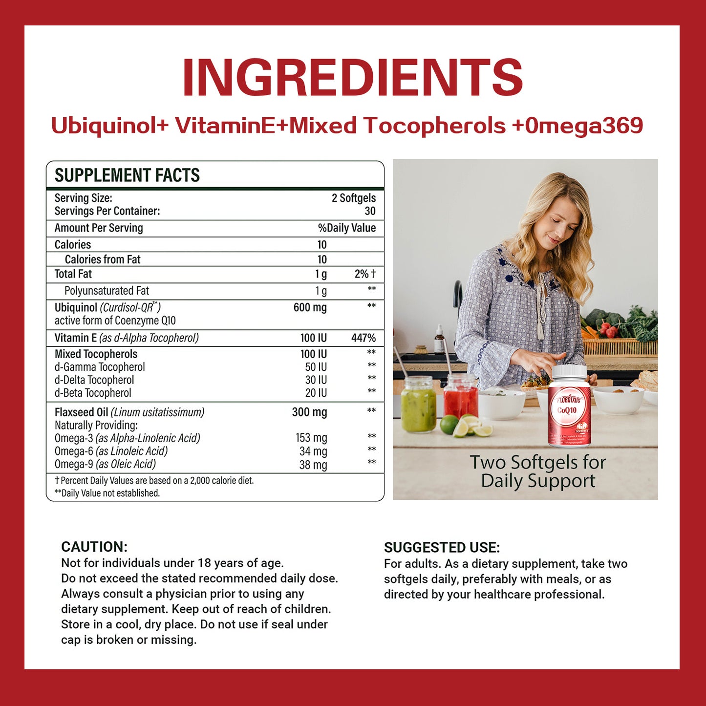 Floraixus CoQ10 600mg Softgels Reduced Form Enhanced with Vitamin E & Omega 3 6 9